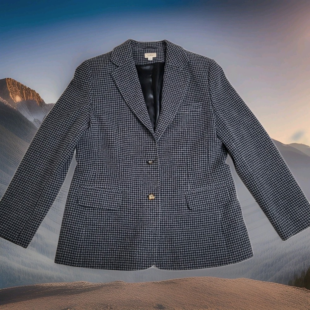 L.L. Bean Wool Cashmere Houndstooth‎ Blazer Womens 14R Gray Black Lined Jacket
